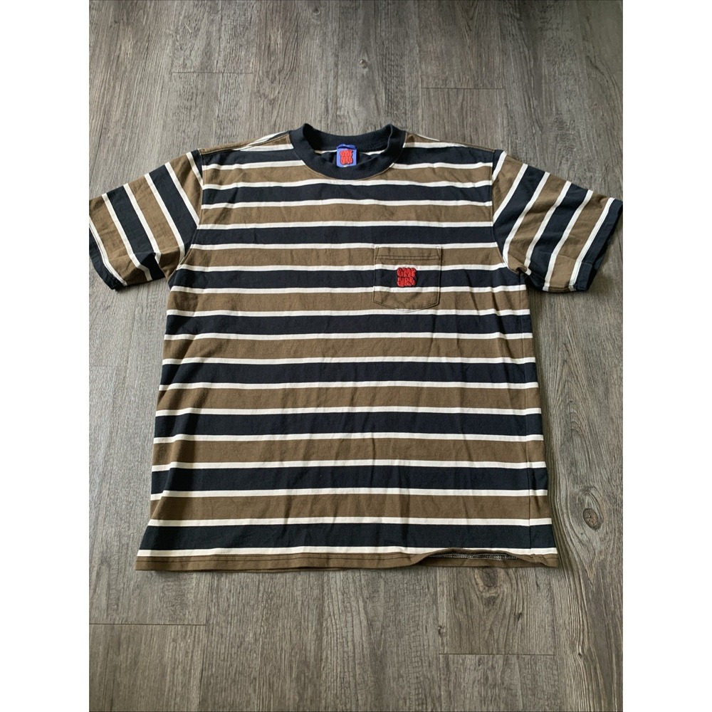 Gmpyre Striped Mens Brown T-Shirt XL Boxy Fit Pocket Tee Stamp Logo